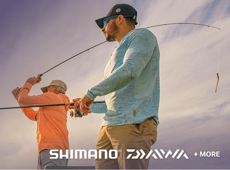 Person casting a fishing rod by the water with Shimano and DAIWA logos overlaid.