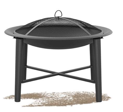 Round black metal fire pit with mesh spark screen and four legs displayed on a light gray background.