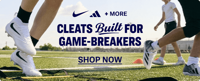 Athletes performing agility drills in white football cleats on a turf field. Text reads “Cleats Built for Game-Breakers” with Nike, adidas, and additional brand logos above a “Shop Now” call to action.
