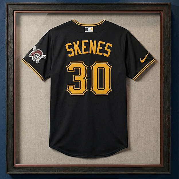 Framed black Paul Skenes baseball jersey with yellow lettering and number 30 on the back.