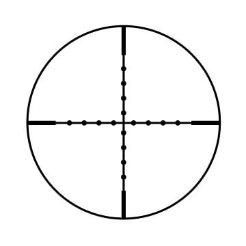 A standard mil-dot reticle features thicker posts and dots on all four crosshairs.