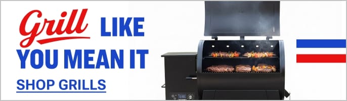 Video showing different types of outdoor cooking equipment including griddles and grills with overlaid text 'Grill like you mean it'.
