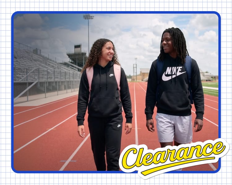Athletic apparel shoppers walking on a track wearing clearance Nike clothing and footwear with overlaid clearance sticker.