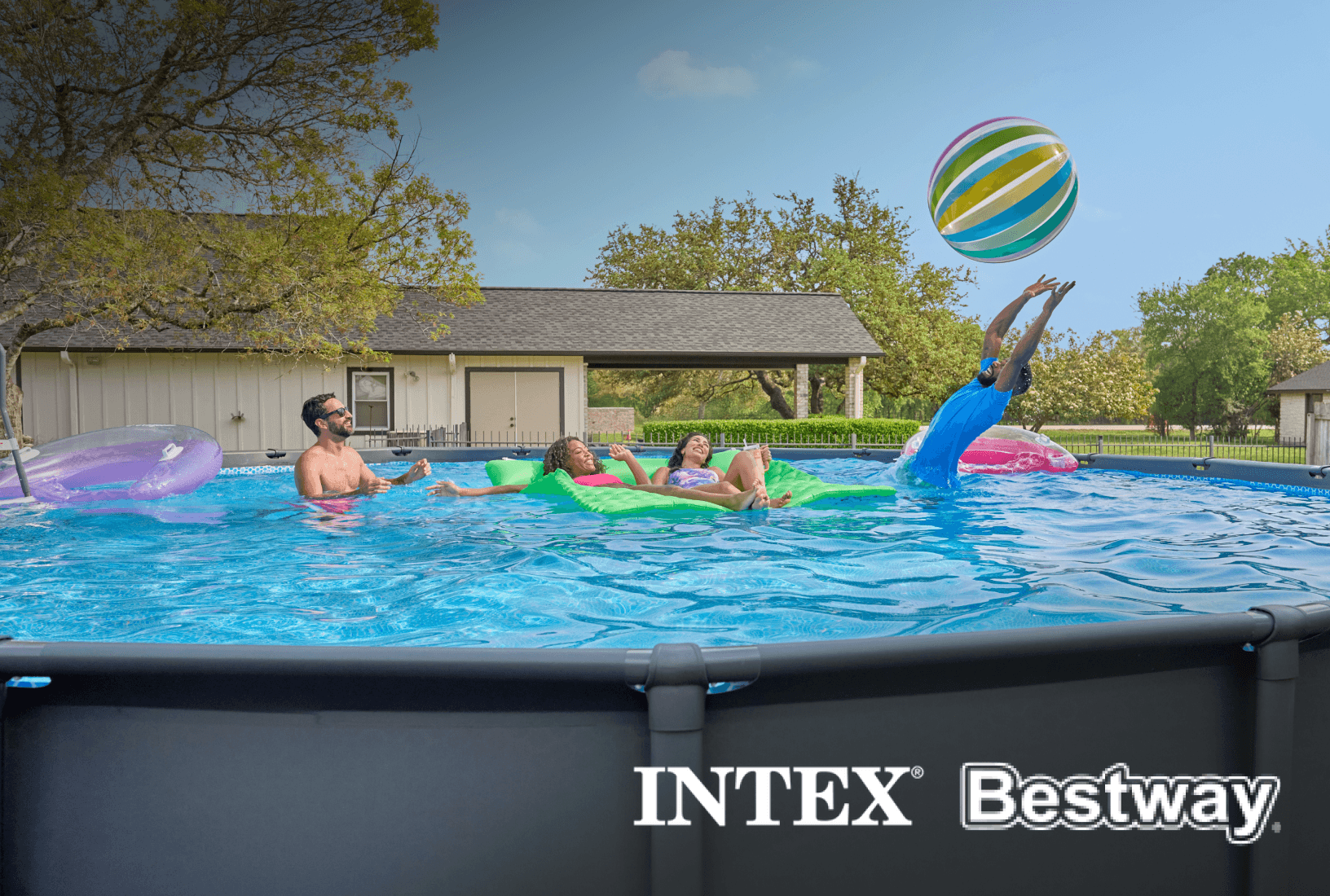 Family swimming in an above-ground pool in a backyard, with logos from Intex and Bestway overlaid.