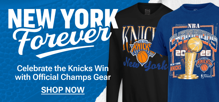 Promotional banner for NBA Finals championship fan gear for the New York Knicks.