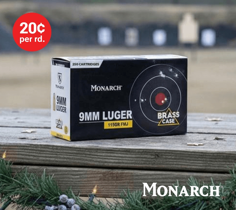20cents per round. Was $59.99, now $49.99. Monarch Brass 9mm 250-rd. Ammo