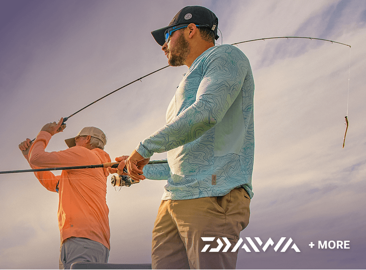 Person casting a fishing rod by the water with Shimano and DAIWA logos overlaid.