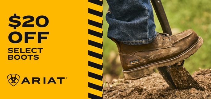 Ariat promotional banner featuring the Ariat shield logo and wordmark, a close-up of an Ariat leather work boot stepping on rugged terrain, and overlaid copy reading “$20 OFF Select Boots.”