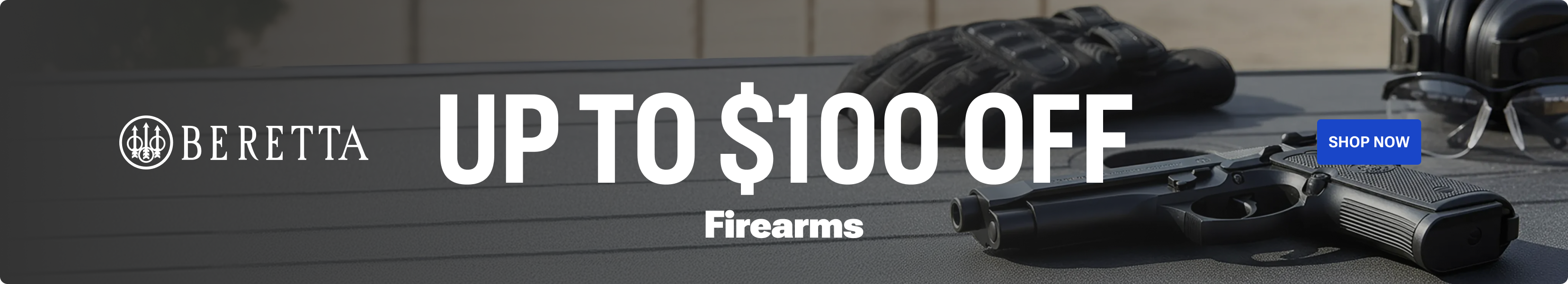 Promotional banner advertising up to $100 off select Beretta firearms, featuring a black handgun.