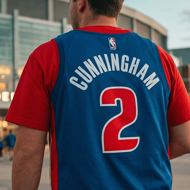 Back view of a blue NBA basketball jersey showing the name CUNNINGHAM and the number 2.