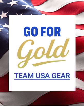 Banner with the text ‘Go for Gold’ and ‘Team USA Gear’ over a close-up of the American flag.
