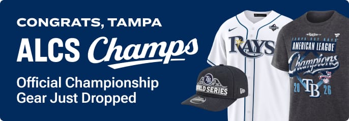 Tampa Bay Rays ALCS Champions 2026 promotional banner featuring official championship gear including a National League Champions T-shirt, Rays jersey, World Series cap, and ALCS 2026 logo.