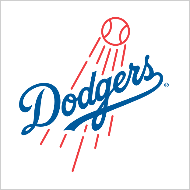 Los Angeles Dodgers script logo in blue with a red baseball and red motion streaks on a light gray background.