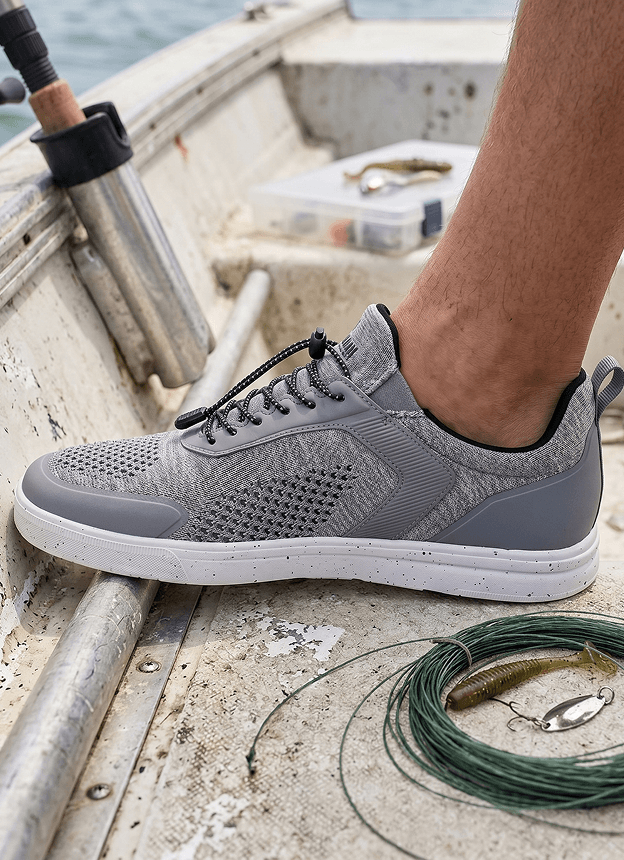 Close-up of a gray slip-on shoe worn on a boat deck next to fishing line and rod holder.