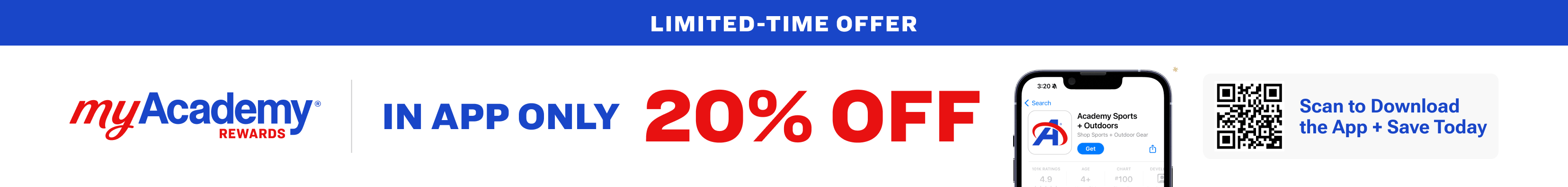 Promotional banner for myAcademy Rewards  20 percent off in-app purchases and download links for the App Store and Google Play store.