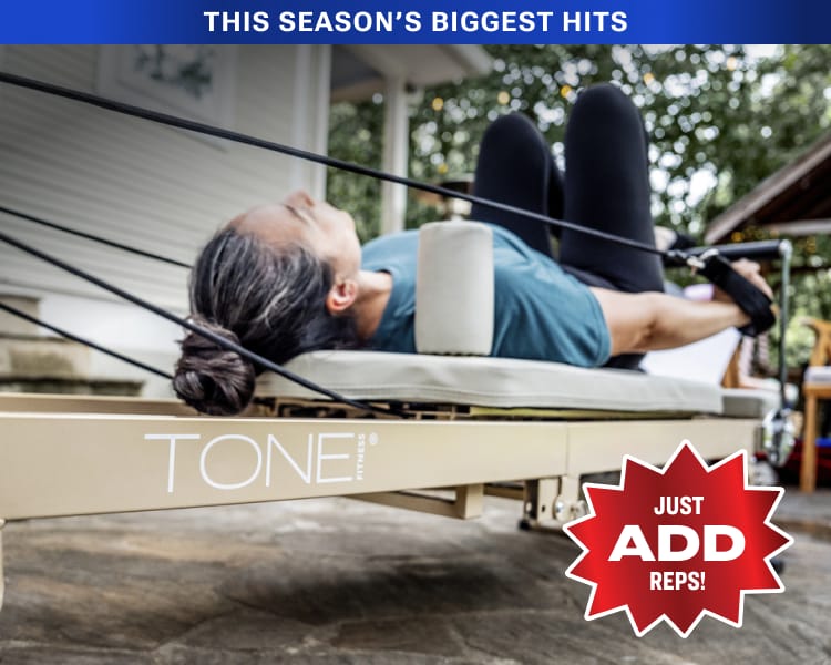 Person exercising on a Tone Pilates reformer machine with overlaid badge "Just Add Reps."