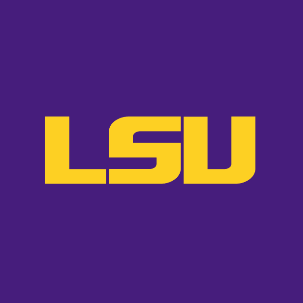 LSU Tigers logo displayed in gold lettering on a purple background.