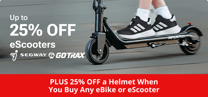 Up to 25% off eScooters promotional banner featuring a rider on an electric scooter, with Segway and GOTRAX branding. Additional offer states plus 25% off a helmet when purchasing any eBike or eScooter.