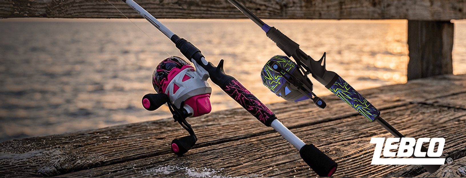Zebco fishing rods and reels featuring colorful graphic designs resting on a wooden dock with water in the background.