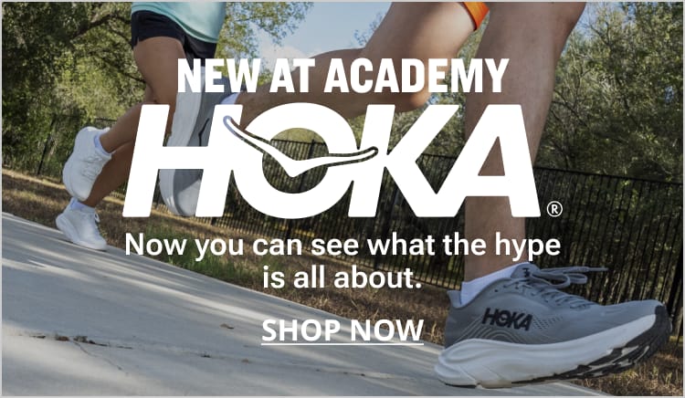 New at Academy HOKA athletic footwear displayed on outdoor steps with promotional text inviting shoppers to explore the collection.