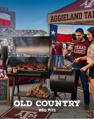 Backyard barbecue scene featuring a Texas A&M-branded pellet grill with text promoting Pecos smoker grills for tailgates.