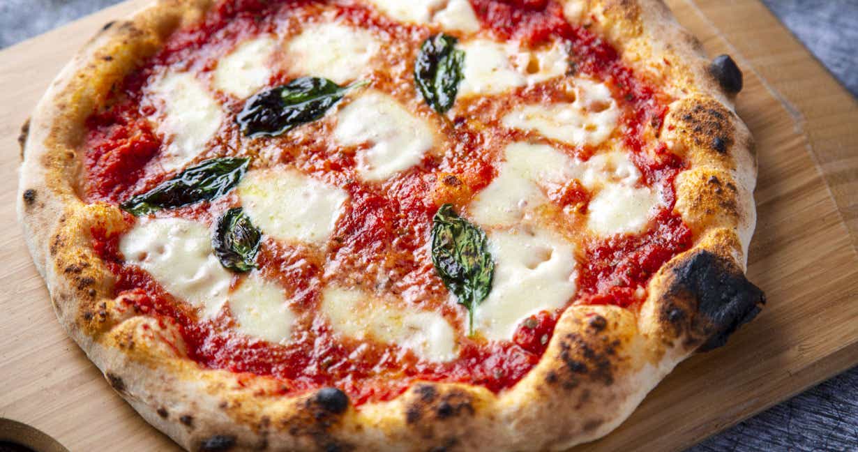 Margherita pizza out of the oven