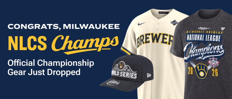 Milwaukee Brewers NLCS Champions 2026 promotional banner featuring official championship gear including a National League Champions T-shirt, Brewers jersey, World Series cap, and NLCS 2026 logo.