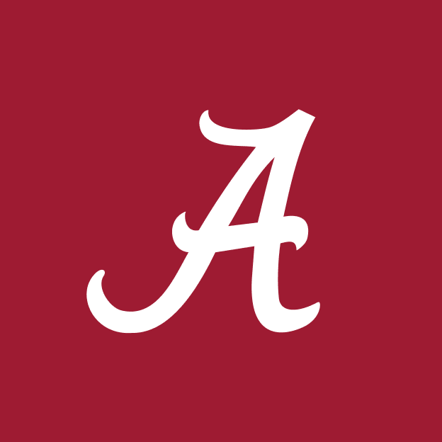 Alabama Crimson Tide script logo displayed in white on a crimson background.