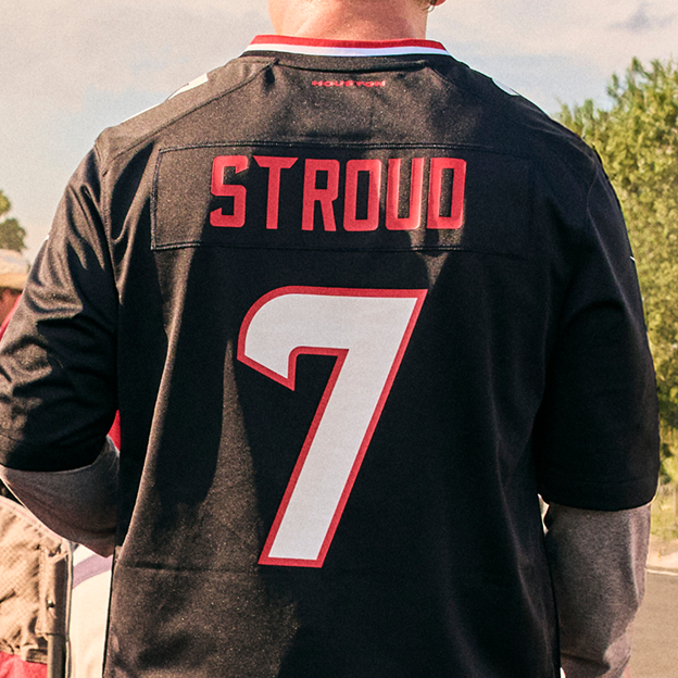 Back view of a black Houston Texans jersey with the name 'Stroud' and number 7.