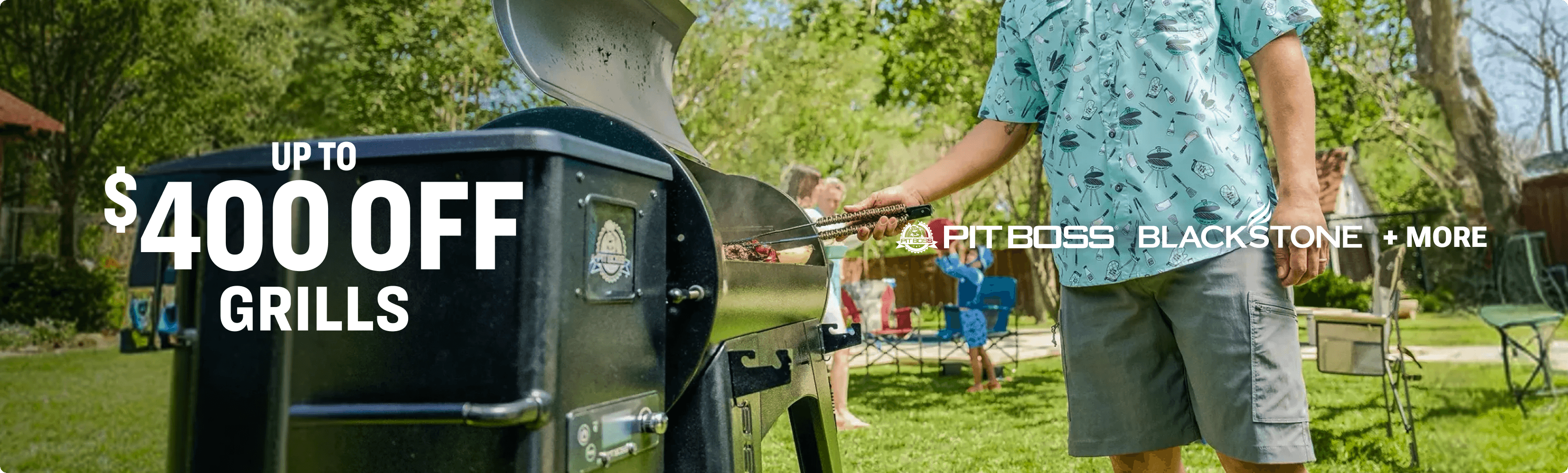 Pit Boss Navigator 1000 grill shown open in a backyard setting with promotional text reading “Up to $400 off grills,” and brand names Pit Boss, Blackstone, and “+ More.