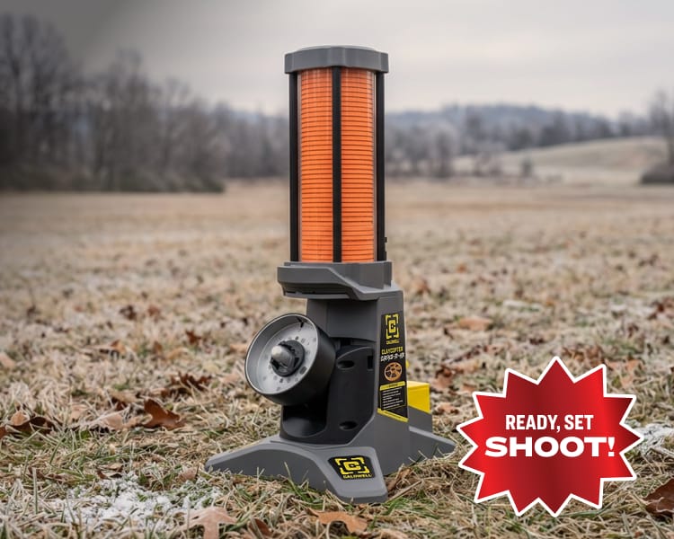 Caldwell ClayCopter Surface-to-Air Launcher on a dark background. Overlay red badge that says “Ready, Set, Shoot!”
