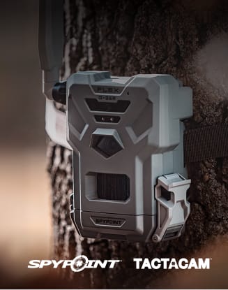 SPYPOINT trail camera mounted on a tree promoting new game cameras.