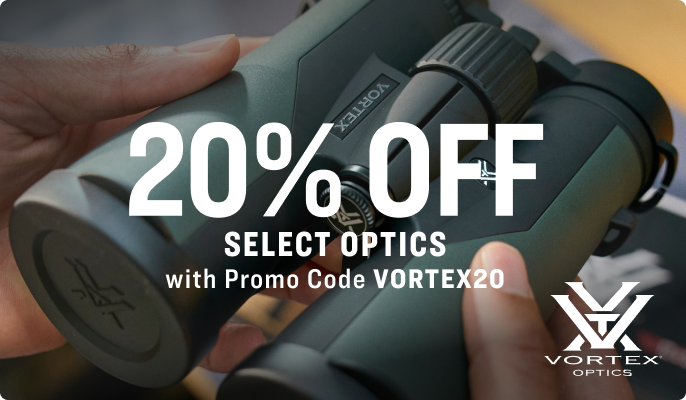 Close-up of hands holding binoculars with overlaid text “20% OFF SELECT OPTICS with Promo Code VORTEX20” and Vortex Optics logo.
