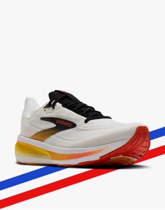 Brooks running shoe with red and black accents.