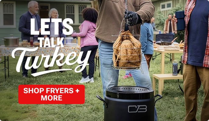 Outdoor gathering with a turkey fryer in the foreground and people preparing food in a backyard setting with overlaid text: Let's talk turkey and button: shop holiday cooking.