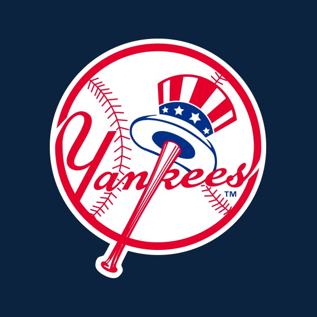 New York Yankees circular logo featuring a baseball bat topped with an Uncle Sam hat over a baseball on a navy background.