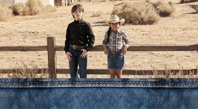 Two children wearing Western-style clothing standing by a wooden fence in a desert ranch environment; one in a button-down shirt and jeans, the other in a plaid shirt and denim skirt with a cowboy hat.