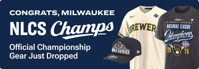 Milwaukee Brewers NLCS Champions 2026 promotional banner featuring official championship gear including a National League Champions T-shirt, Brewers jersey, World Series cap, and NLCS 2026 logo.