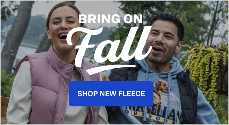 Two people outdoors beneath overlaid “Bring On Fall” text with a Shop New Fleece button.