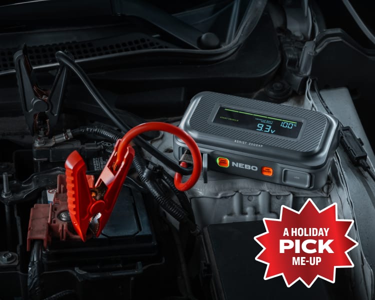 NEBO Assist 1500XP jump starter and air compressor connected to a vehicle battery. Overlay red badge reads “A Holiday Pick-Me-Up.”