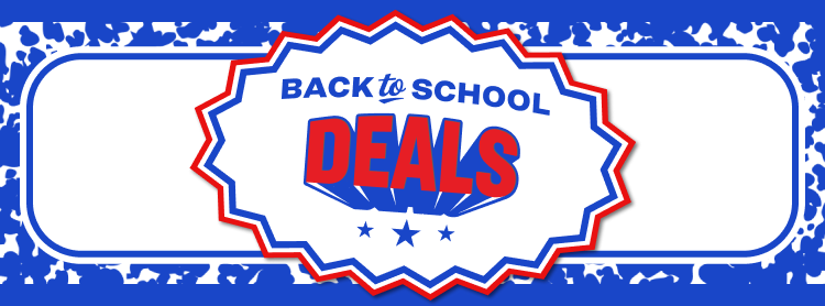 Promotional graphic with a blue-and-white border and a starburst-shaped badge in the center displaying the text: “Back to School Deals.” The words “Back to School” appear in blue above “Deals” in large red letters, with blue stars beneath the text.