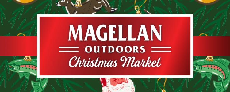 Magellan Outdoors Christmas Market holiday banner with festive ornament background and red center sign reading Magellan Outdoors Christmas Market.
