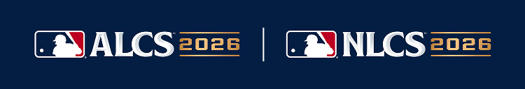 Navy banner featuring the MLB logo, ALCS 2026 and NLCS 2026 in silver and gold text separated by a vertical line.
