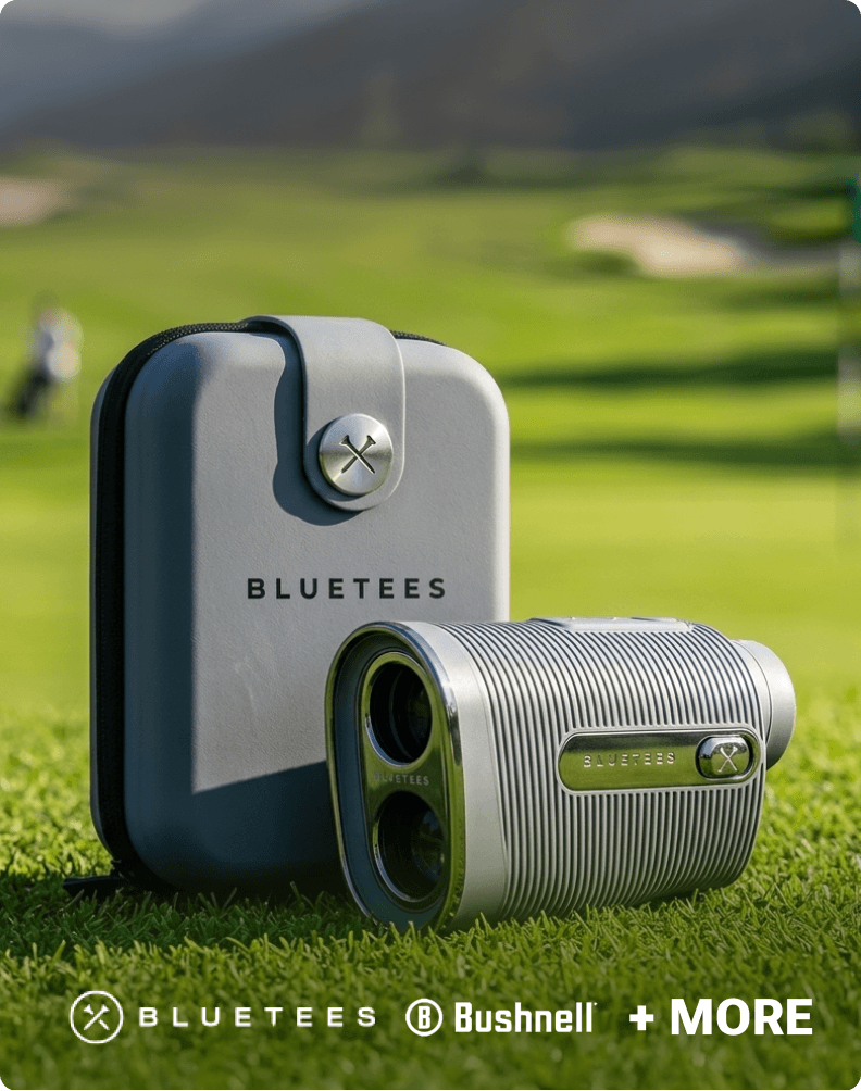 Blue Tees golf rangefinder on a golf course for distance measurement.