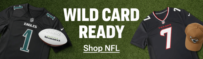NFL fan gear including Philadelphia Eagles jersey, Chicago Bears hat, Seattle Seahawks football, Houston Texans jersey, and Jacksonville Jaguars cap on grass background with text “Wild Card Ready – Shop NFL.”