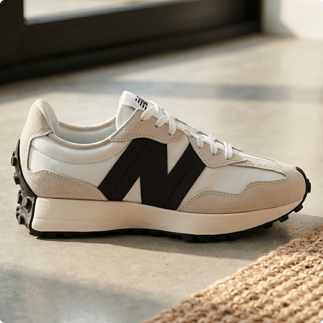 Beige and white New Balance 327 sneaker with black New Balance logo on an indoor floor next to a woven rug.