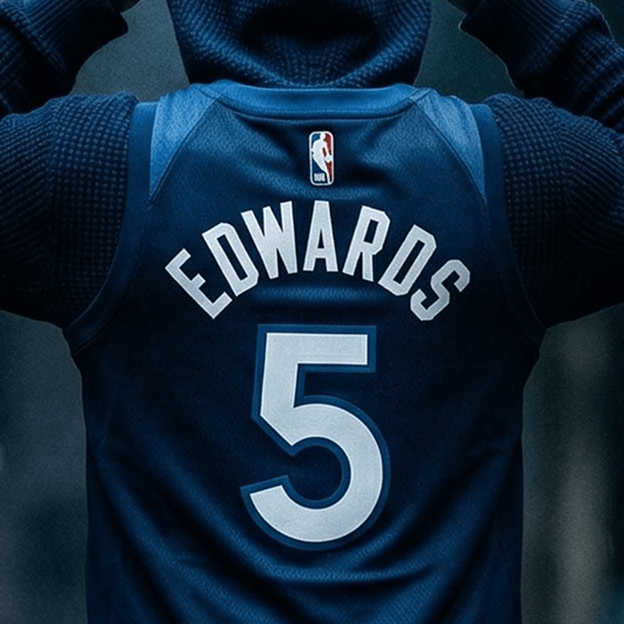 Back view of a dark blue NBA basketball jersey showing the name EDWARDS and the number 5.