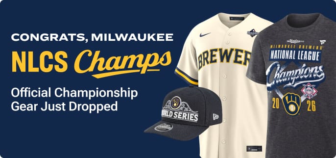 Milwaukee Brewers NLCS Champions 2026 promotional banner featuring official championship gear including a National League Champions T-shirt, Brewers jersey, World Series cap, and NLCS 2026 logo.