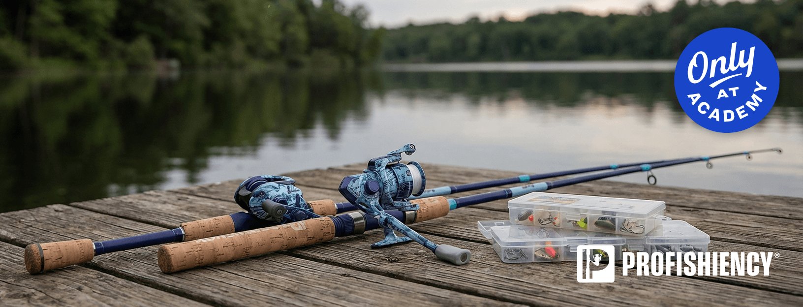 ProFISHiency branded fishing rods and reels with cork handles displayed on a wooden dock beside tackle boxes filled with fishing lures.