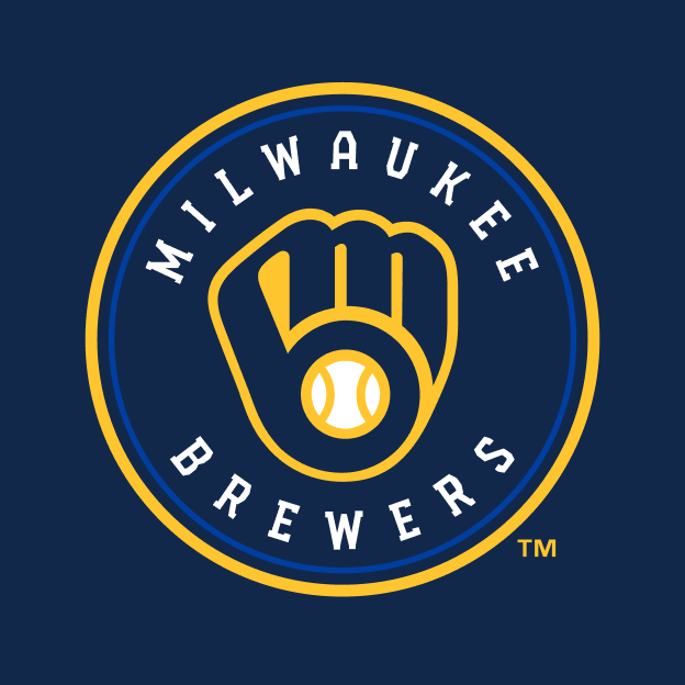 Milwaukee Brewers circular logo featuring a gold and navy baseball glove forming the letters M and B on a navy background.